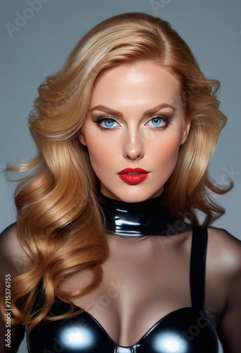 A beautiful blonde woman with blue eyes and red lipstick, wearing a black latex top.