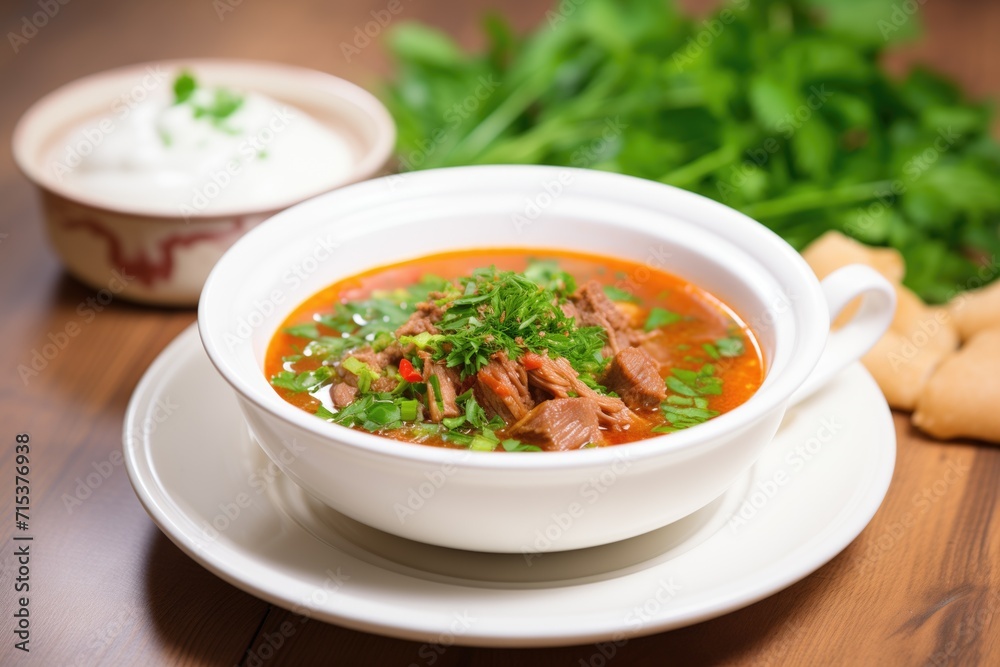 bowl of goulash soup with sour cream swirl and parsley bowl of goulash soup with sour cream swirl and parsley