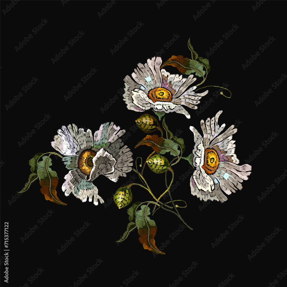 White chamomile flowers. Embroidery art style. Fashion summer floral template for clothes, t-shirt design