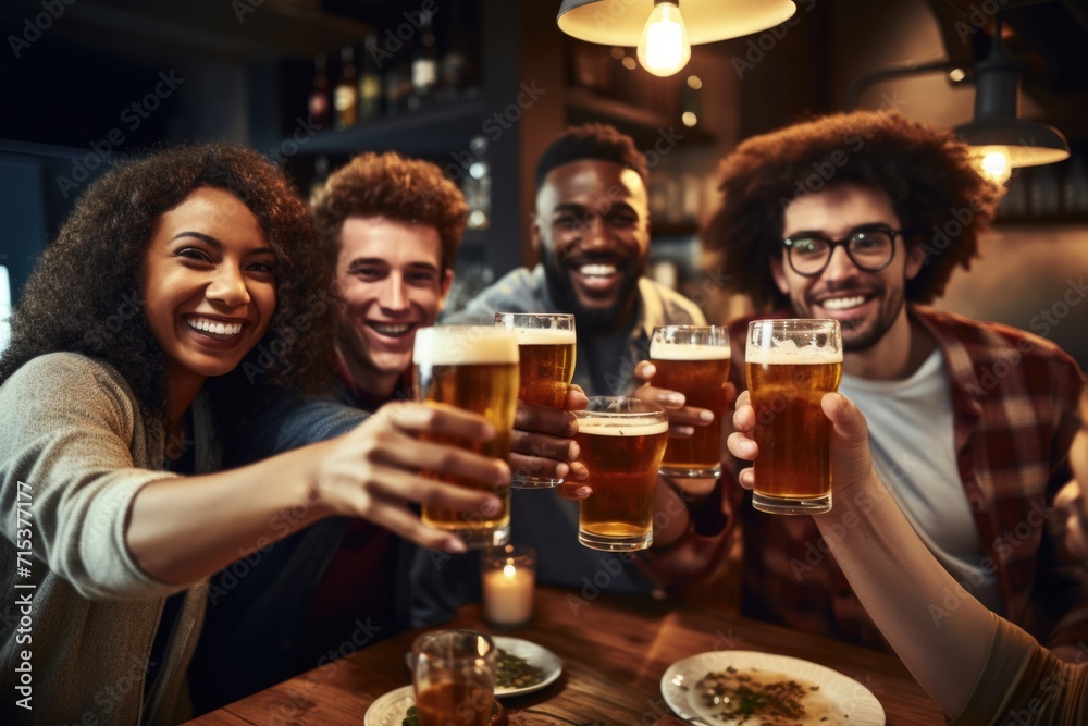 Happy multiracial friends toasting with beer in bar. Happy multiracial friends toasting with beer in bar.