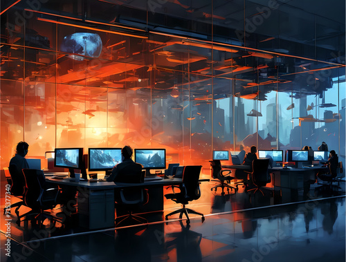 Contemporary open workspace in a neon cyberpunk setting, immersed in a blend of information technology. Corporate focus on financial, operational, and marketing strategies. 