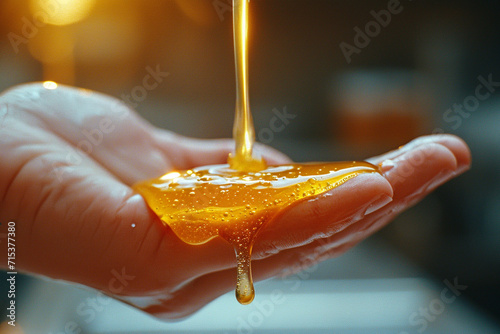 The luxurious feel of honey dripping down a forearm, captured in warm, natural lighting, photo