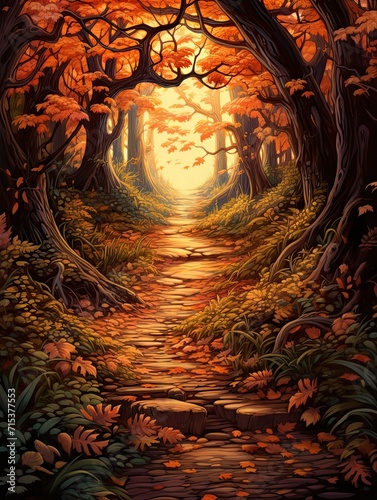 Cozy Autumn Leaf Paths Country Painting - Rural Path, Autumn Scene