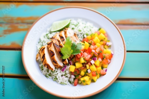 grilled chicken with tropical salsa on a bright plate