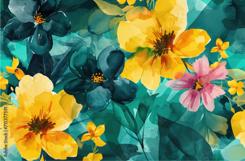 Watercolor floral background with pink and purple flowers, vector illustration.