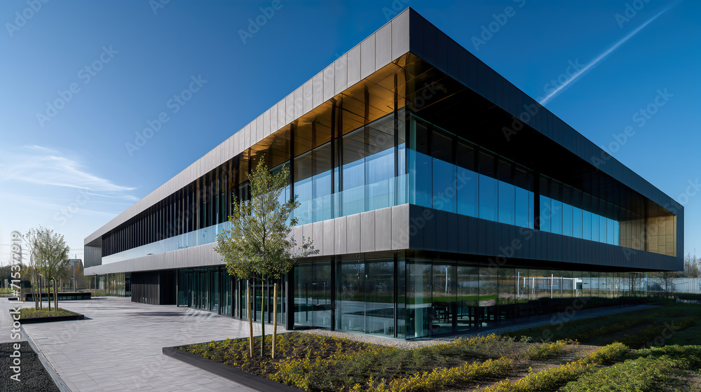 Modern office building exterior made of glass, steel and cement