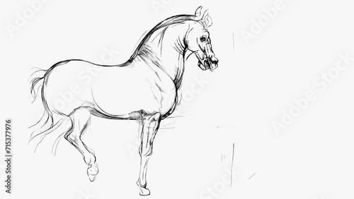 Horse. Based on drawing of Leonardo da Vinci. Black and white hand draw time lapse linear sketch art