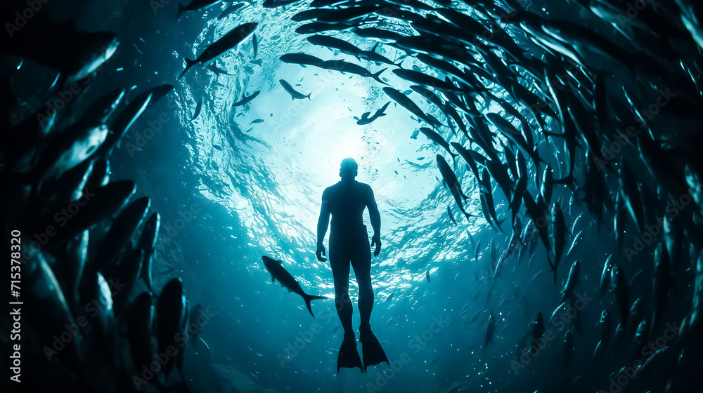 un homme qui fait de la plongée sous-marine entouré d'un banc de poissons en train de tourner autour de lui - vu du dessous - obrazy, fototapety, plakaty 
