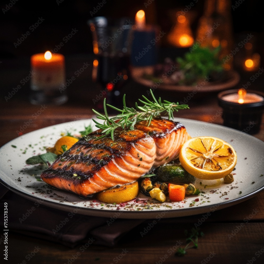 Grilled salmon delicious food plate barbecued seafood close up Grilled salmon delicious food plate barbecued seafood close up