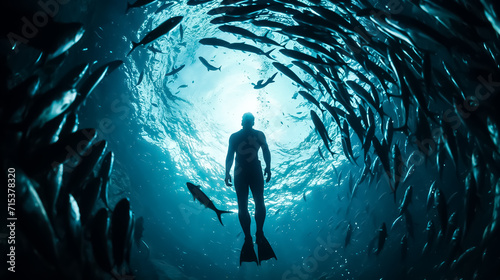 un homme qui fait de la plongée sous-marine entouré d'un banc de poissons en train de tourner autour de lui - vu du dessous