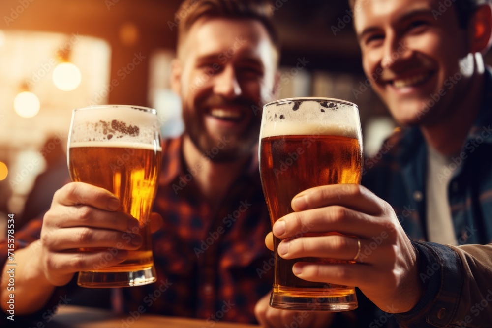 Happy male friends enjoying drinks at a bar
