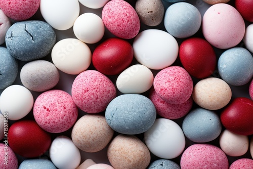  a close up of a bunch of candy eggs with red, white, and blue speckles on them.