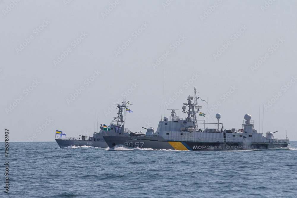 A military ship of the Naval Forces of Ukraine at a military parade in the city of Odesa. Ukraine. August 24, 2021