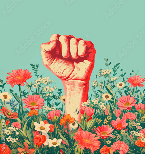 Vector illustration of a strong female fist with flowers. Feminism concept.