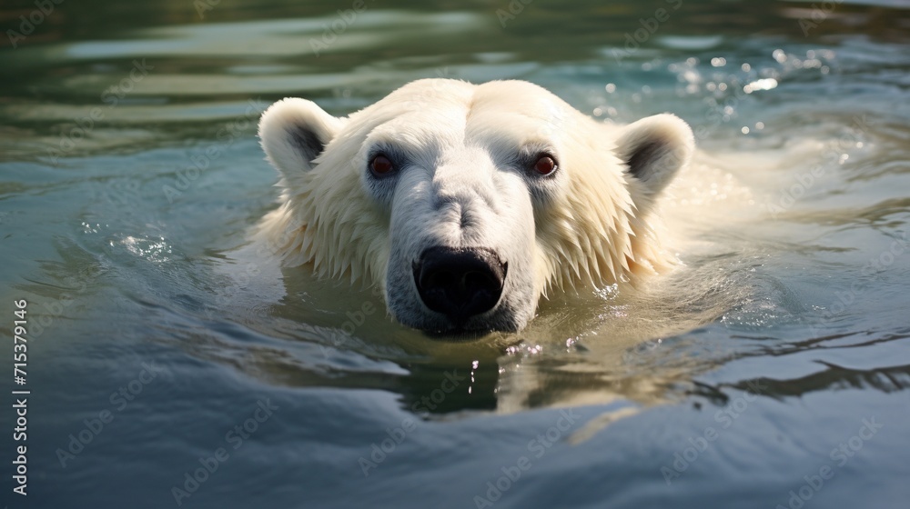 Fototapeta premium Polar bear swimming in the water. Close-up portrait.AI.