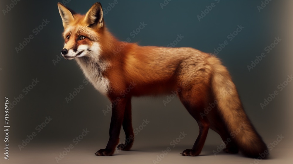 Obraz premium Red fox on a dark background, 3d render, square image. AI.