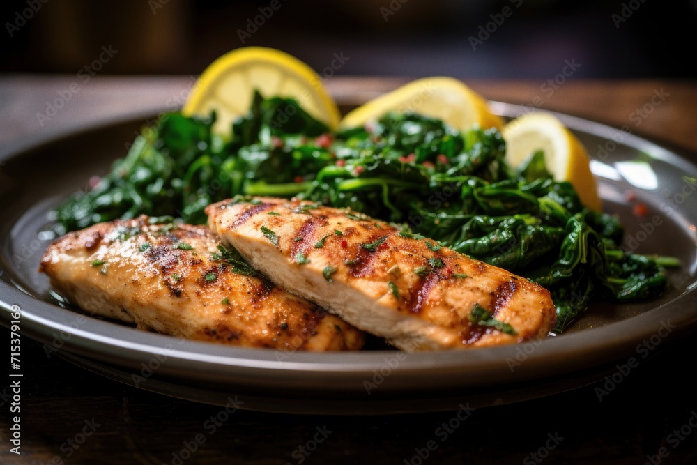 Healthy dinner grilled chicken with sauteed spinach Healthy dinner grilled chicken with sauteed spinach