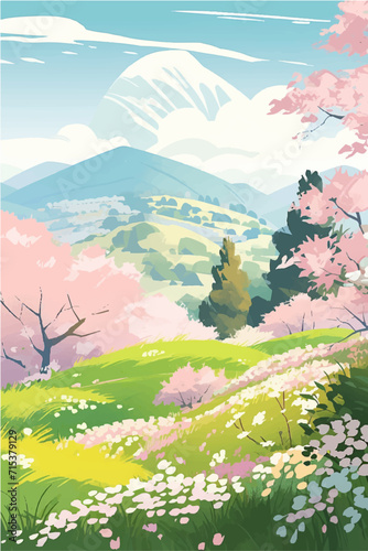 Spring landscape with cherry blossoms and mountains