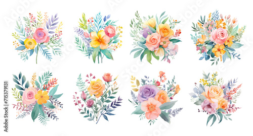 Watercolor floral spring bouquets set. Hand drawn vector illustration.