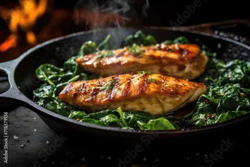 Healthy dinner grilled chicken with sauteed spinach