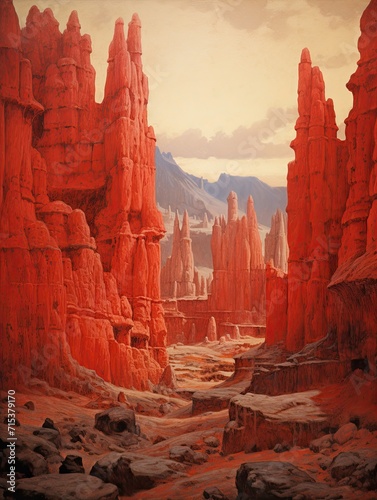 Ages Old Desert Formations: Crimson Badlands Scenes Vintage Painting