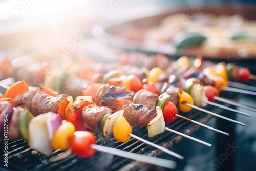 sizzling kebab skewers atop a flaming outdoor barbecue photo