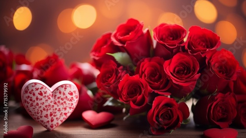 pink heart and bouquet of roses with copy space  valentines day concept