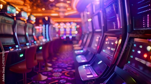 Rows of slot machines, casino games