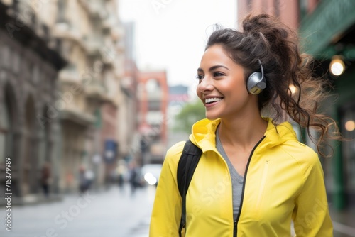 Sideways shot of pensive brunette young woman looks away into distance wears headphones in city outdoors returns home from workout leads active lifestyle. photo