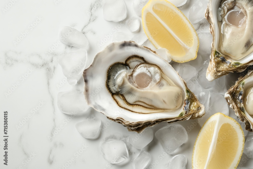 Oysters surrounded by crushed ice and lemon on the white marble background with space for text