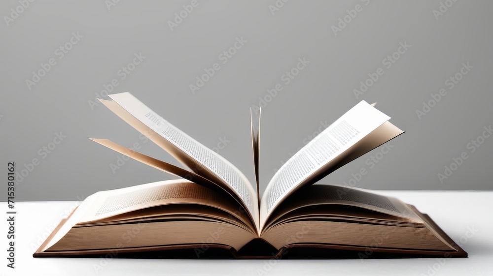 Open Hardcover Book with Pages Flipping on a White Surface Against a Grey Background, Symbolizing Active Learning and Knowledge Acquisition Open Hardcover Book with Pages Flipping on a White Surface Against a Grey Background, Symbolizing Active Learning and Knowledge Acquisition