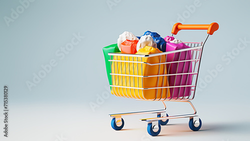 small toy shopping cart full of small purchase, isolated on white, space for text © zamuruev