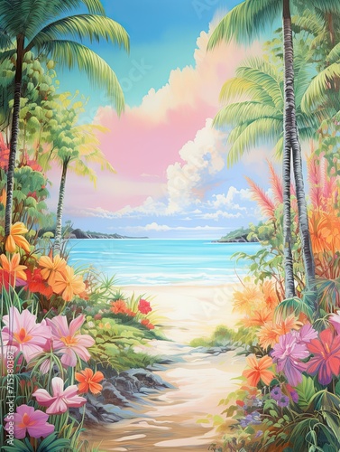 Dreamy Pastel Beaches  Tropical Beach Art in Modern Landscape with Vibrant Colors