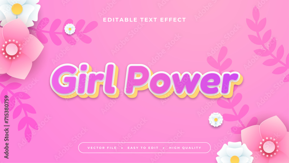 Pink white and purple violet girl power 3d editable text effect - font style. Colorful text style effect