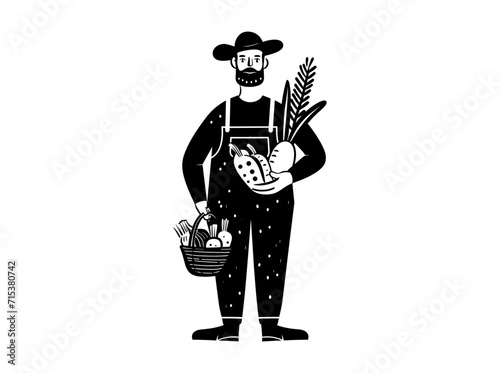 Campesino simpático, ilustración vectorial para logotipo, cesta llena de verduras y frutas, agricultor, dependiente, estilo de vida con comida sana y saludable