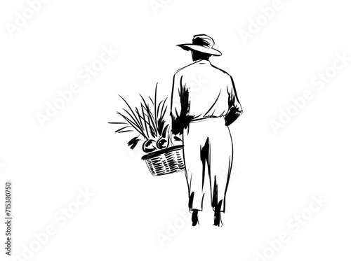 Campesino simpático, ilustración vectorial para logotipo, cesta llena de verduras y frutas, agricultor, dependiente, estilo de vida con comida sana y saludable