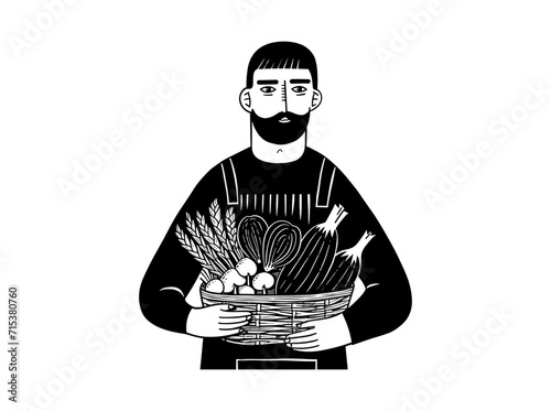 Campesino simpático, ilustración vectorial para logotipo, cesta llena de verduras y frutas, agricultor, dependiente, estilo de vida con comida sana y saludable