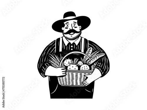 Campesino simpático, ilustración vectorial para logotipo, cesta llena de verduras y frutas, agricultor, dependiente, estilo de vida con comida sana y saludable