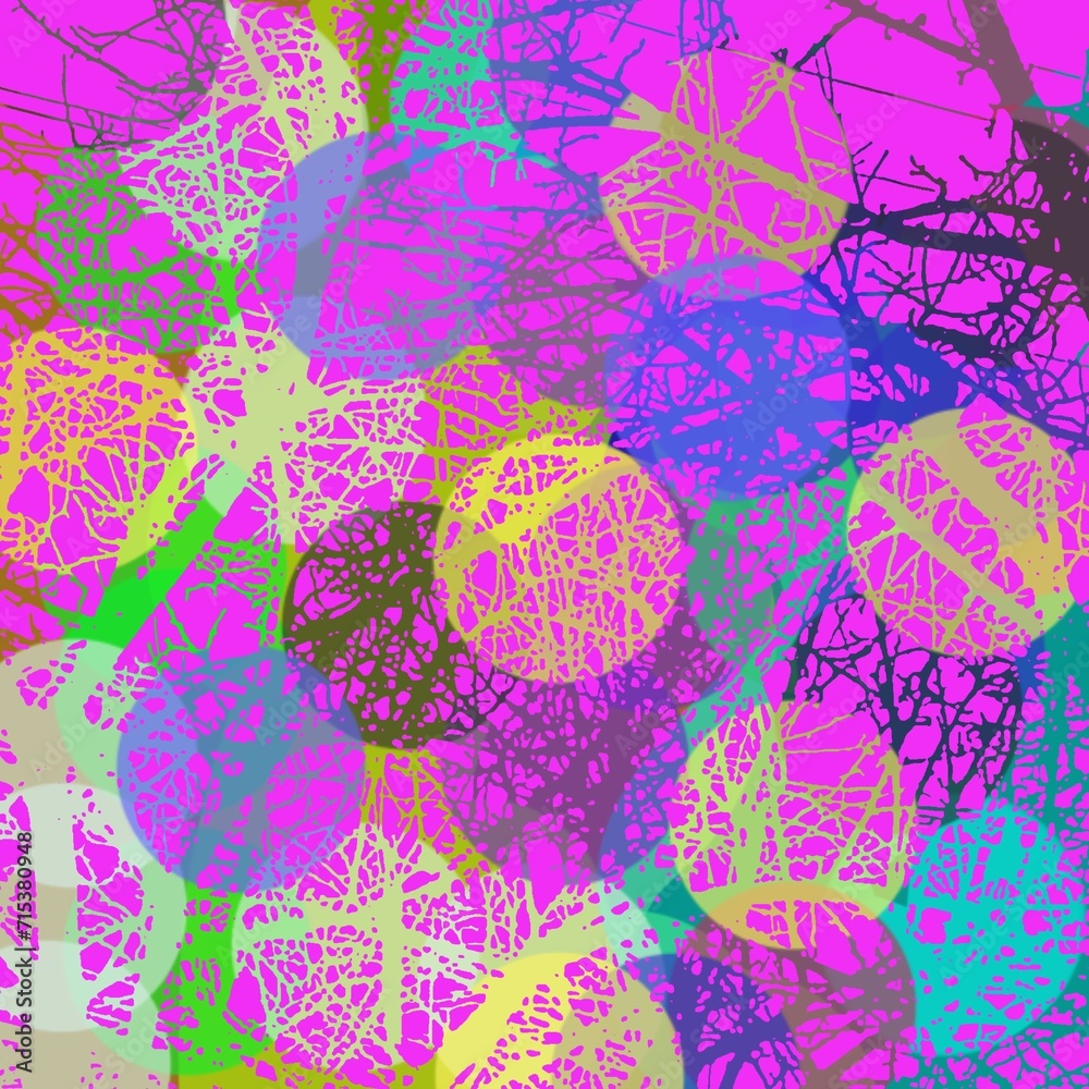 Abstract pattern with branches textures, colourful circle silhouettes