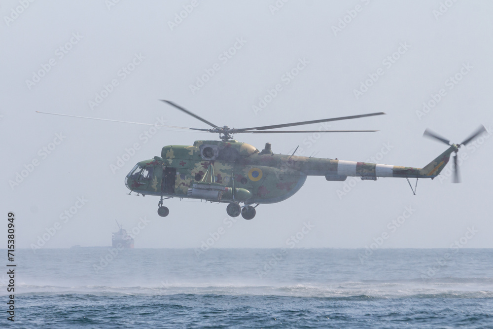 Fototapeta premium A helicopter of the Naval Forces of Ukraine at a military parade in the city of Odesa. Ukraine. August 24, 2021