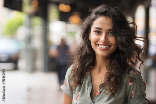 Close-up portrait of beautiful hispanic woman with charming smile walking outdoors