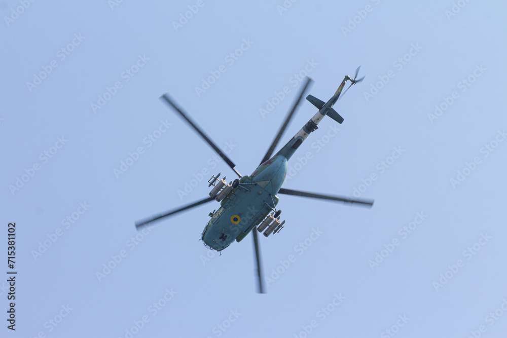 Fototapeta premium A helicopter of the Naval Forces of Ukraine at a military parade in the city of Odesa. Ukraine. August 24, 2021