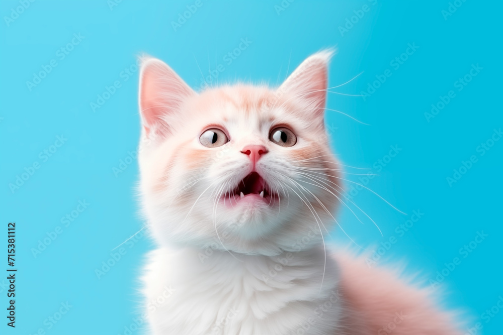 Portrait of a white-red kitten with beautiful blue eyes, looking straight ahead, blue background. Generated Ai
