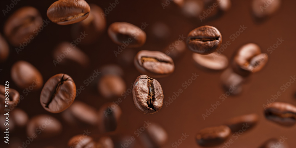 Fototapeta premium Brown Roasted Coffee Beans Closeup On Dark Background