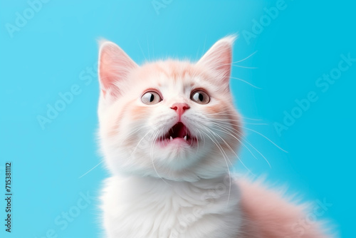 Portrait of a white-red kitten with beautiful blue eyes, looking straight ahead, blue background. Generated Ai © Yuliya