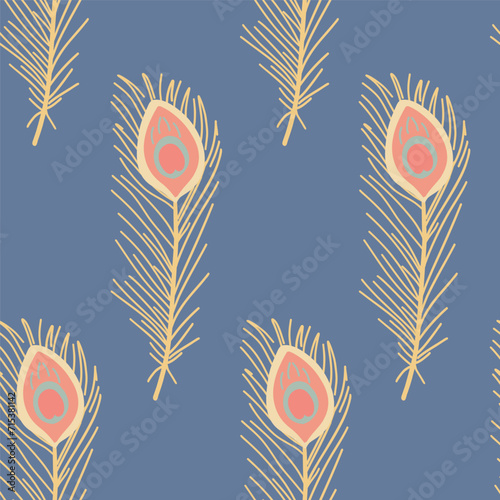 Peacock feather flat design seamless pattern blue background