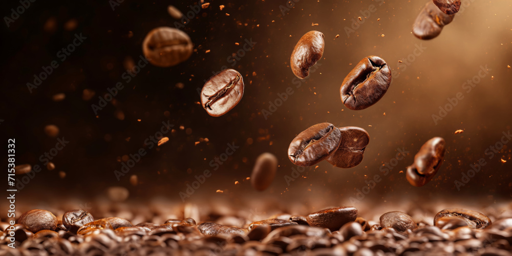 Roasted coffee beans fall on a pile of beans. Roasted coffee beans fall on a pile of beans.