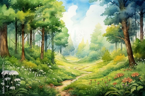 Background with watercolor technique, featuring a broad expanse of lush woodland. Generative AI