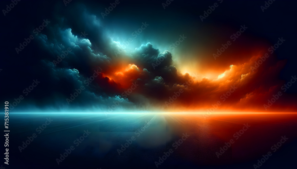 Fire and Ice background with fog, sunrise or sunset It vividly captures dramatic clouds with sun rays