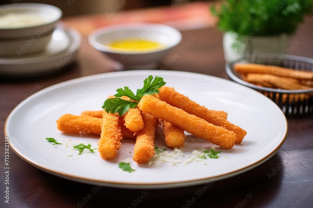 a plate of golden-brown mozzarella sticks with parsley a plate of golden-brown mozzarella sticks with parsley